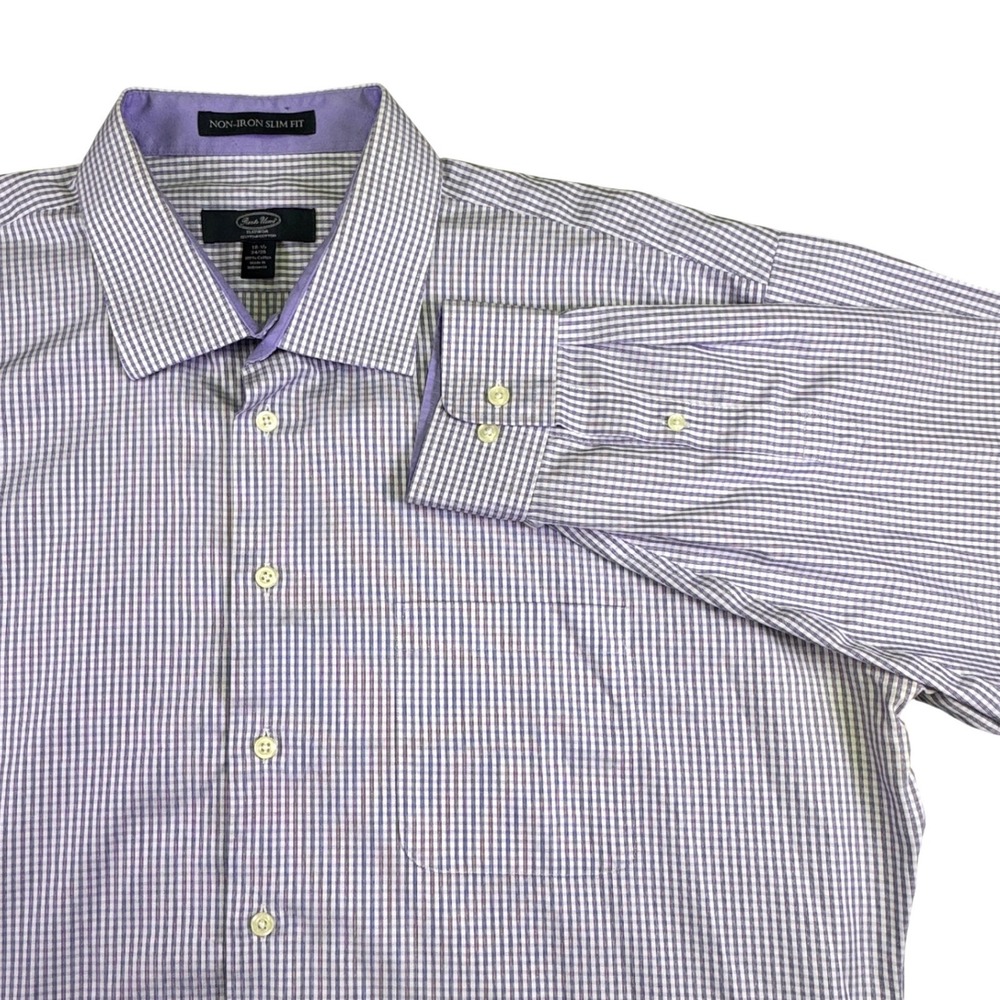 Pronto Uomo Dress Shirt Men's 18.5 34/35 Button Down Purple Gingham Slim Fit